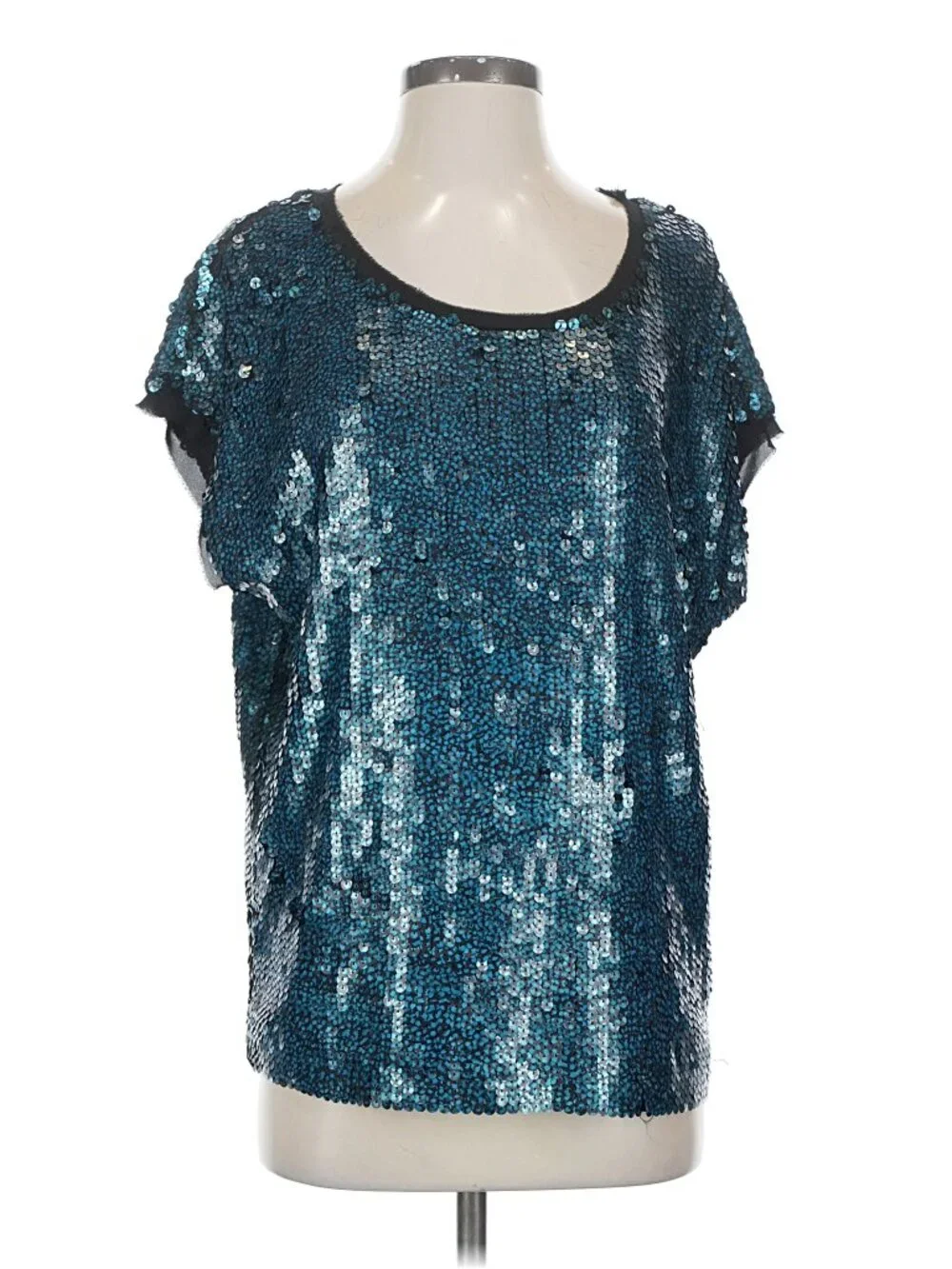 Tory Burch Teal Black Allover Sequin Top Relaxed Fit Silk Trim Size XS